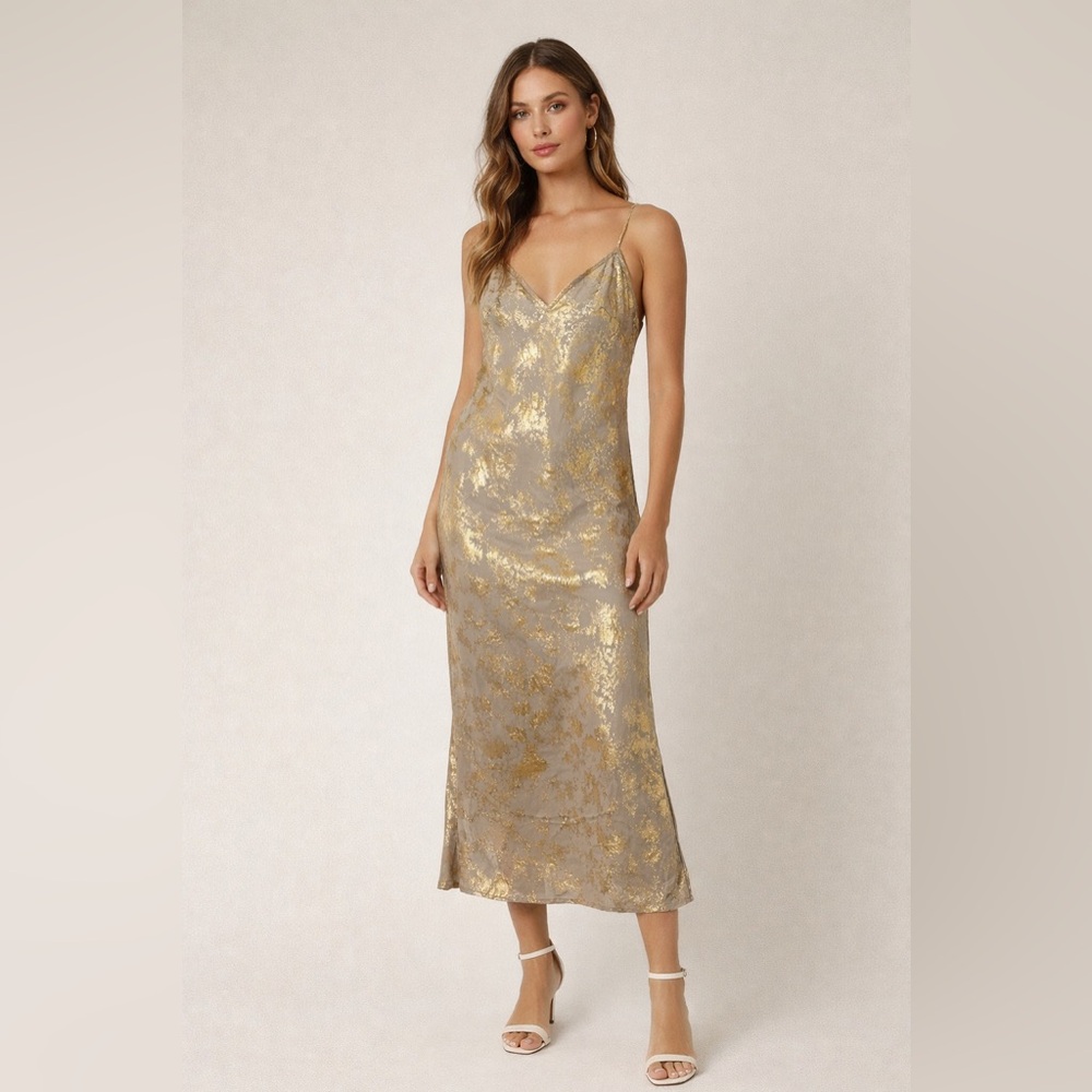 HYFVE Gold Foil Slip Midi Dress